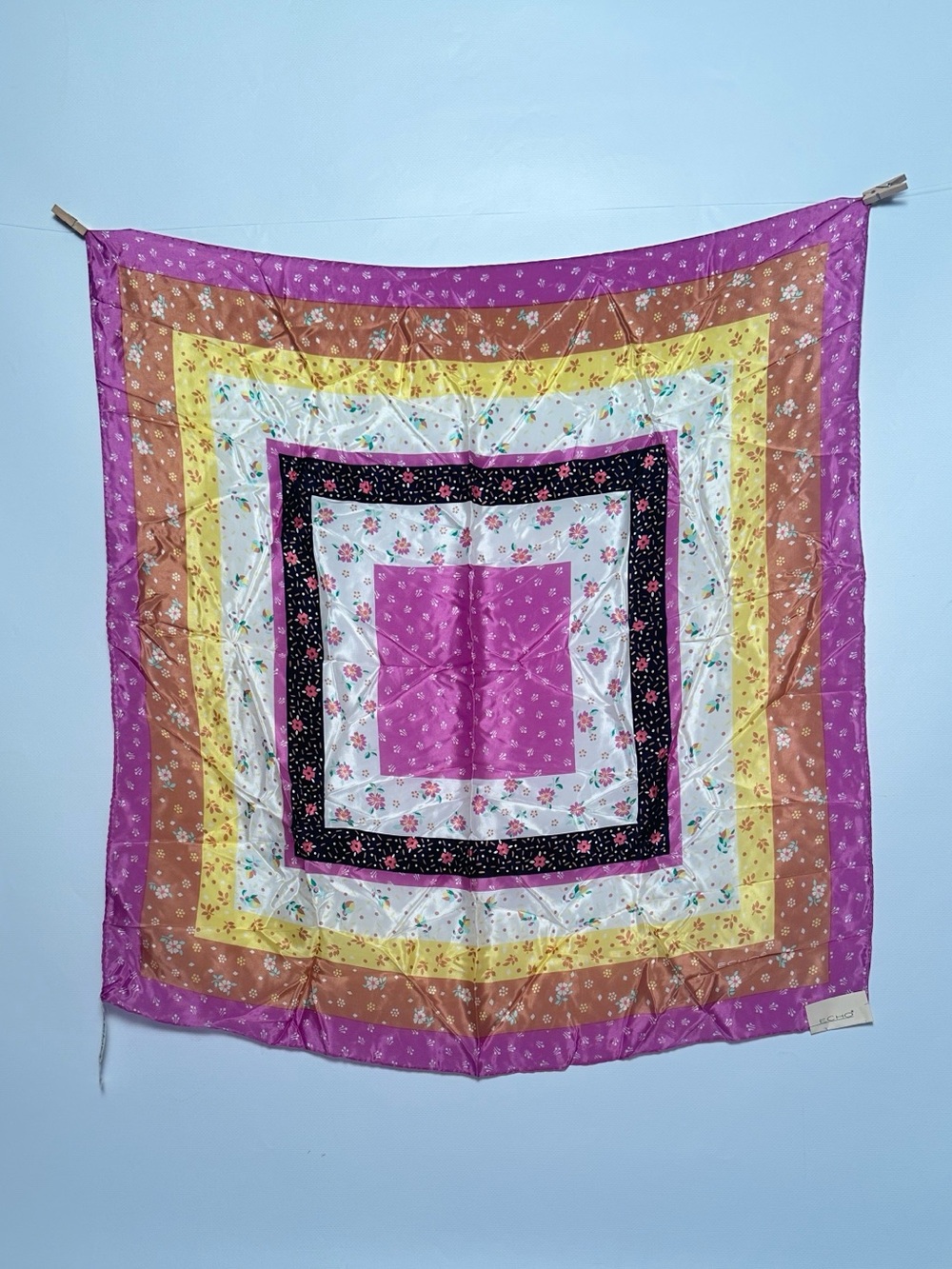 Echo Vintage NWT 100% Silk Scarf Japan Copper, Fushia, Yellow White Black Floral